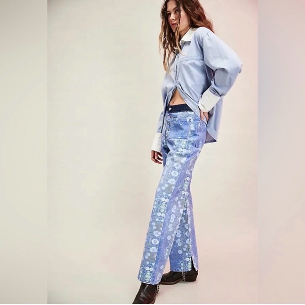 NWTMandinga+ Free People Colab Stylish Blue Patterned Women's Jeans SZ S (25-26)